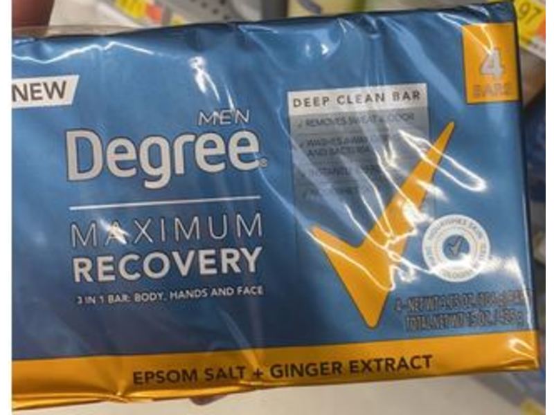 Degree Men Maximum Recovery 3 In 1 Deep Clean Bar, Epsom Salt + Ginger Extract, 4 Count