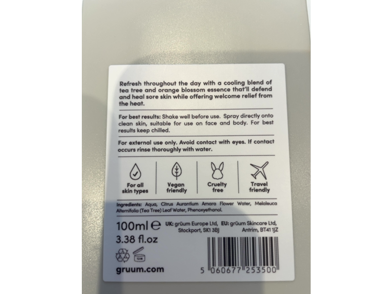 Gruum Dimma Cooling Mist Spray, Tea Tree, Orange & Sun, 3.38 fl oz/100 mL