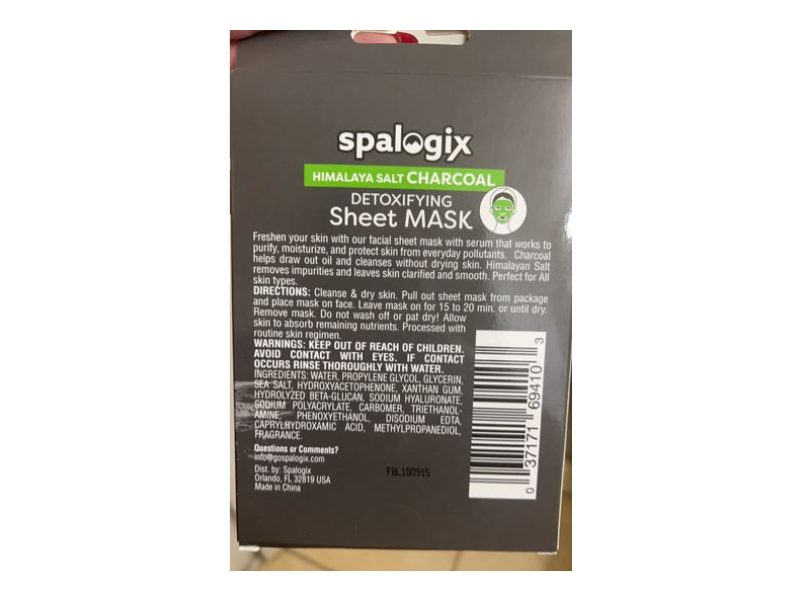 Spalogix Detoxifying Sheet Mask, Himalayan Salt Charcoal, 1.68 fl oz/50 mL 2 Count