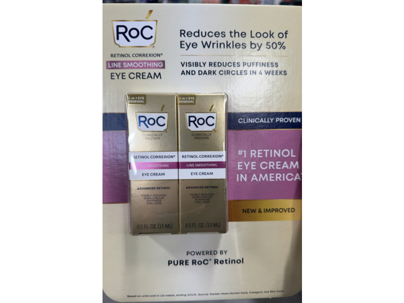 Roc Retinol Correxion Eye Cream, Line Smoothing, 0.5 fl oz/15 mL, Pack Of 2