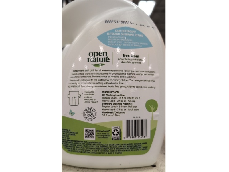 Open Nature Newborn Laundry Detergent, Free & Clear, 66 Loads, 100 fl oz/2.95 L