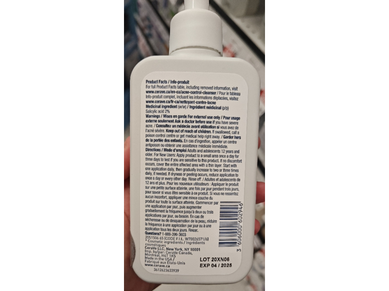 Cerave Acne Control Cleanser Acne Treatment Gel, Salicylic Acid, 237 mL
