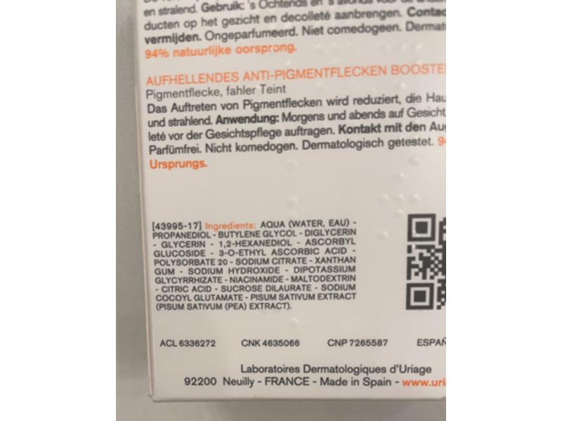 Uriage Eau Thermale Depiderm Anti-Dark Spot Brightening Booster Serum, 1 fl oz/30 mL