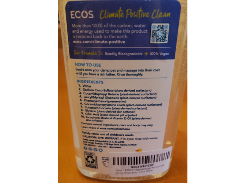 Ecos Plant Powered Hypoallergenic Shampoo, Vitamin E, 17 fl oz/503 mL