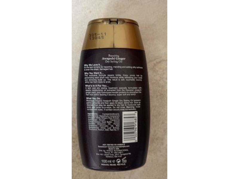 OGX Repairing Dry Styling Oil, Awapuhi Ginger, 3.3 fl oz/100 mL