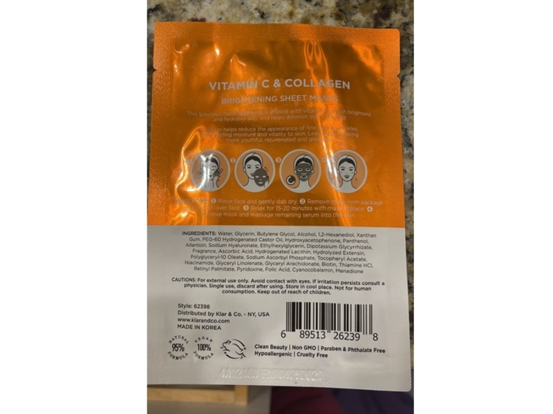 Clear Beauty Vitamin C & Collagen Brightening Sheet Mask, 0.74 oz/21 g