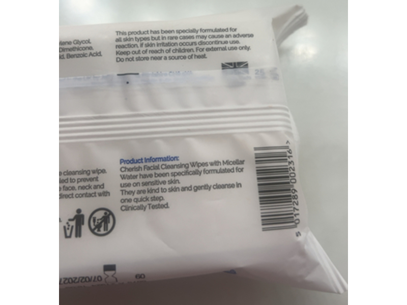 Cherish Facial Cleansing Micellar Water Wipes, 25 Count