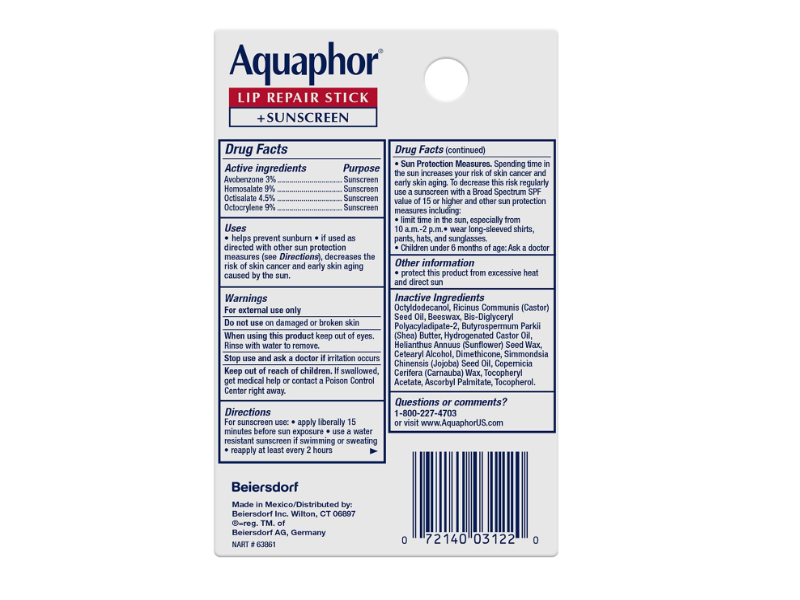 Aquaphor Lip Repair Stick +Sunscreen, SPF 30, 0.17 oz/4.8 g, Pack Of 4