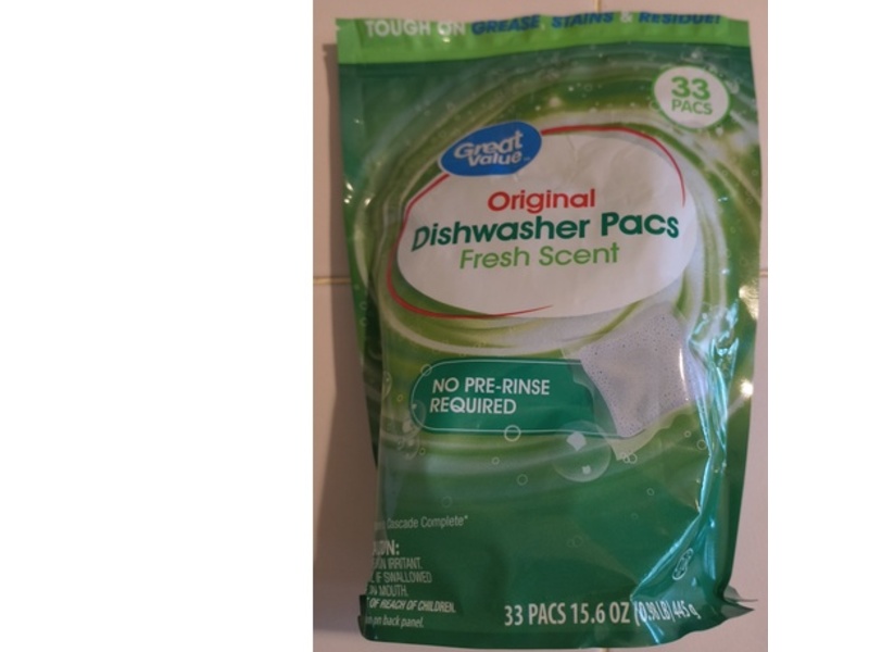 Great Value Original Dishwasher Pacs, Fresh Scent, 15.6 oz/445g, 33 Count