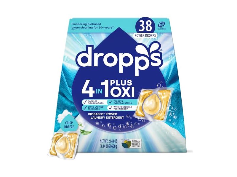Dropps 4-In-1 Plus Oxi Biobased Power Laundry Detergent, Crisp Breeze, 21.44 oz/608 g, 38 Count