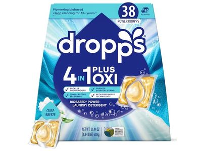 Dropps 4-In-1 Plus Oxi Biobased Power Laundry Detergent, Crisp Breeze, 21.44 oz/608 g, 38 Count