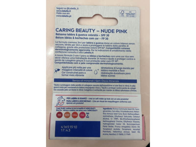 Labello Caring Beauty 3 In 1 Lip & Cheek, Nude Pink, SPF 30, 4.8 g