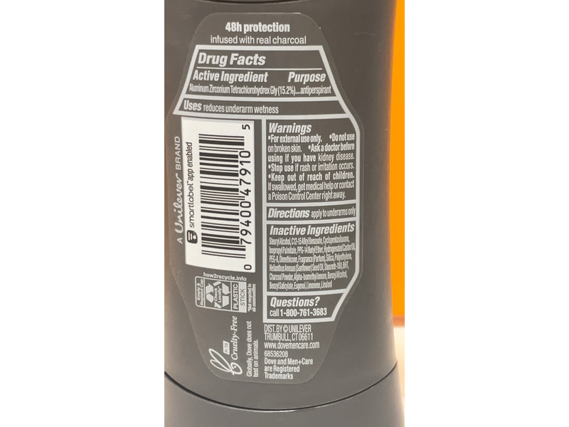 Dove Men + Care Antiperspirant, Charcoal, 2.6 oz/74 g, Pack Of 4