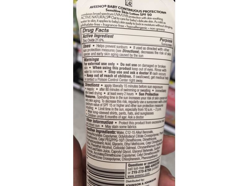 Aveeno Baby Continuous Protection Sensitive Skin Zinc Oxide Sunscreen Lotion, SPF50, 30 fl oz/88 mL