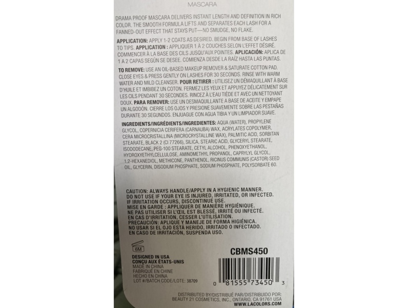 L.A. Colors Drama Proof Mascara, Black, 0.41 fl oz/12 mL