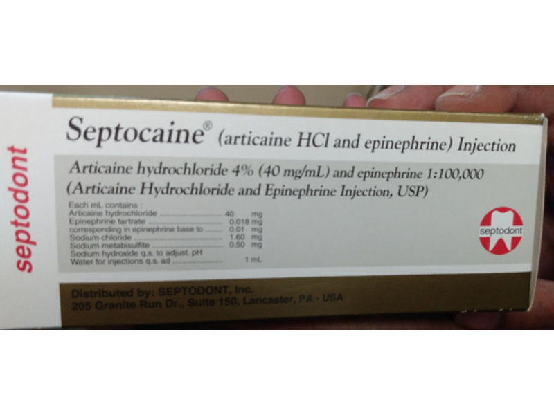 Septocaine (articaine HCL 4% and epineprine 1:100,000) Injection, 1.7 mL Septodont