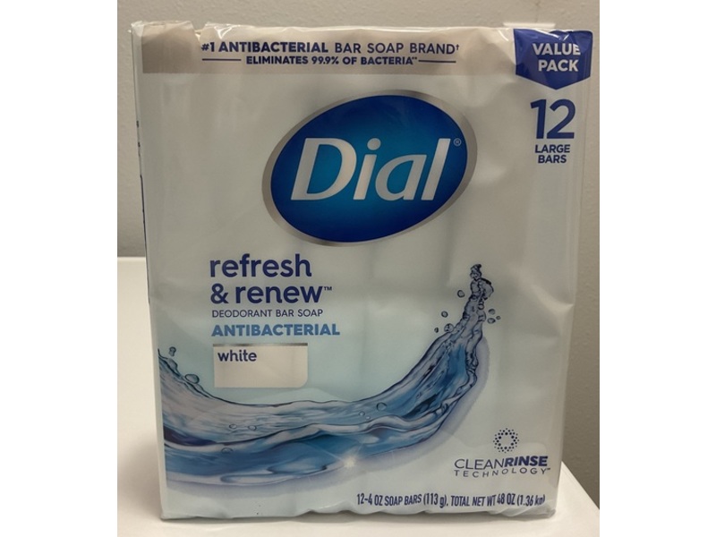 Dial Refresh & Renew Antibacterial Deodorant Bar Soap, White, 4 oz/113 g, 12 Count