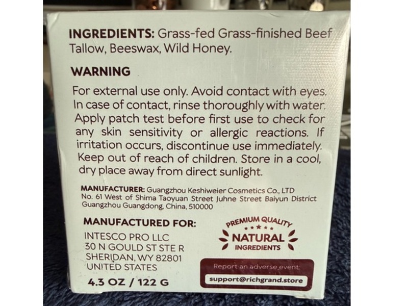 Richgrand Whipped Beef Tallow Balm for Skin Face & Body Moisturizer, Wild Honey, 4.3 oz/122 g