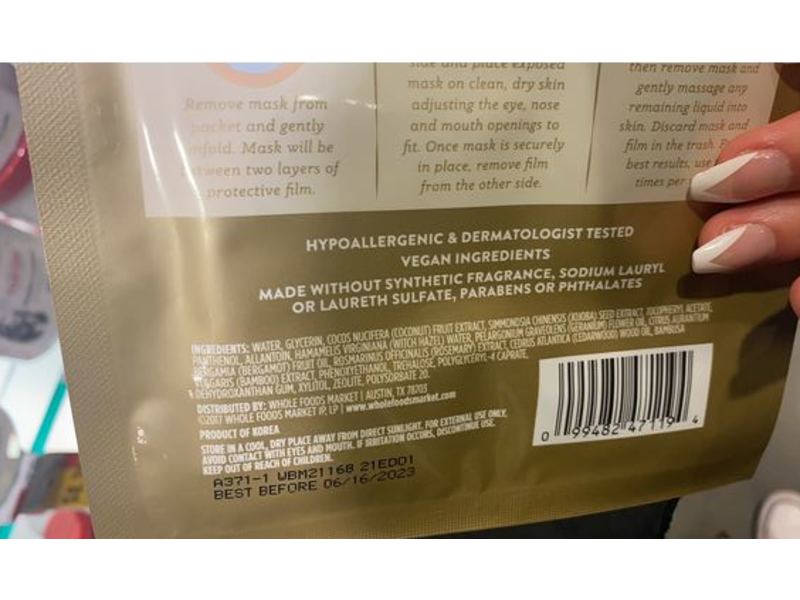 Whole Foods Bio Cellulose Hydrating Facial Mask, Coconut, 0.67 fl oz/20 mL