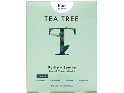 Rael Beauty Purify + Soothe Facial Sheet Masks, Tea Tree, 4.2 fl oz/125 mL, 5 Count