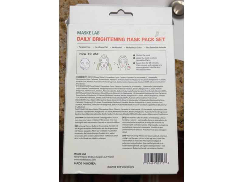 Maske Lab Brightening Mask Sheet Pack Set, Lemon+Pomegranate+Watermelon+Acai &Kiwi, 0.95 oz/27 g