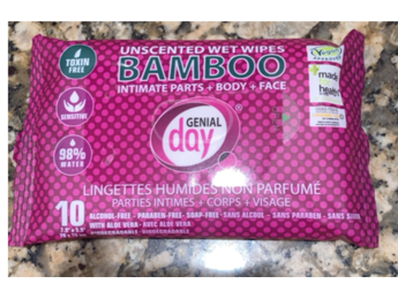 Genialday Unscented Wet Wipes, Bamboo, 10 Count