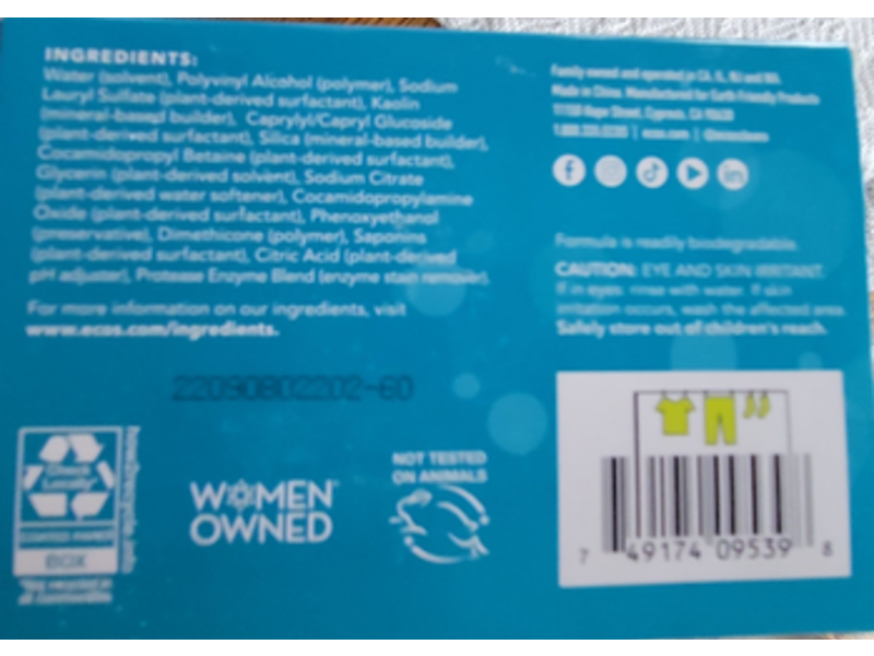 Ecos Plant Powered Laundry Detergent Sheet, Free & Clear, 100 Loads, 12.35 fl oz/350 g, 100 Sheets