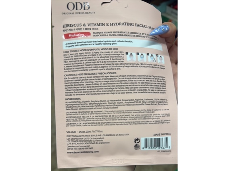 Original Derma Beauty Hydrating Facial Mask, Hibiscus & Vitamin E, 0.77 fl oz/23 mL