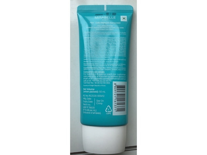 Mirabelle Korea Hya-Colla Moisture Sunscreen, SPF 50+ PA++++, 1.69 fl oz/50 mL