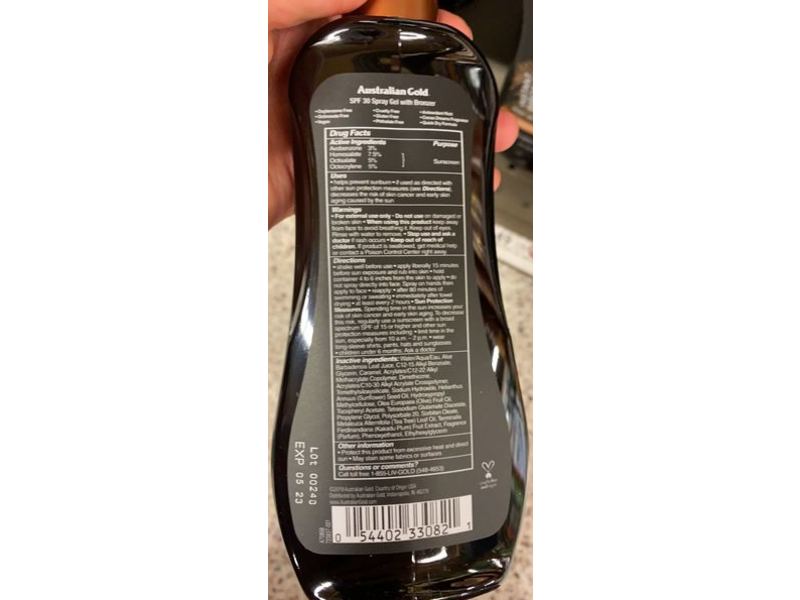 Australian Gold Spray Gel Sunscreen, Instant Bronzer, SPF 30, 8 fl oz/237 mL