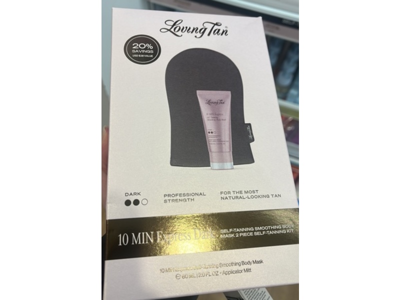 Loving Tan 10 Min Express Self-Tanning Smoothing Body Mask + Applicator Mitt, Dark, 2 fl oz/60 mL
