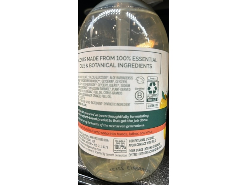 Seventh Generation Clean With Purpose Hand Wash, Mandarin Orange & Grapefruit Scent, 12 fl oz/354 mL