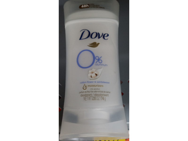 Dove 0% Alumina Moisturizer Deodorant, Cotton Flower & Sandalwood, 2.6 oz/74 g