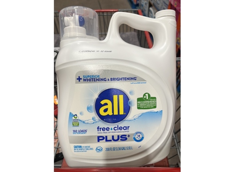 All Plus Whitening & Brightening Liquid Laundry Detergent, Free & Clear, 160 Loads, 200 fl oz/5.91 L
