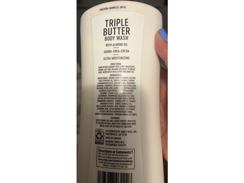 Member's Mark Triple Butter Body Wash, Almond Oil, Jojoba, Shea, Cocoa, 33.8 fl oz/1 L, Pack Of 2
