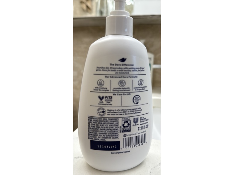 Dove Advanced Care Hand Wash, Peach & Rice Milk, 12 fl oz/355 mL, Pack Of 4