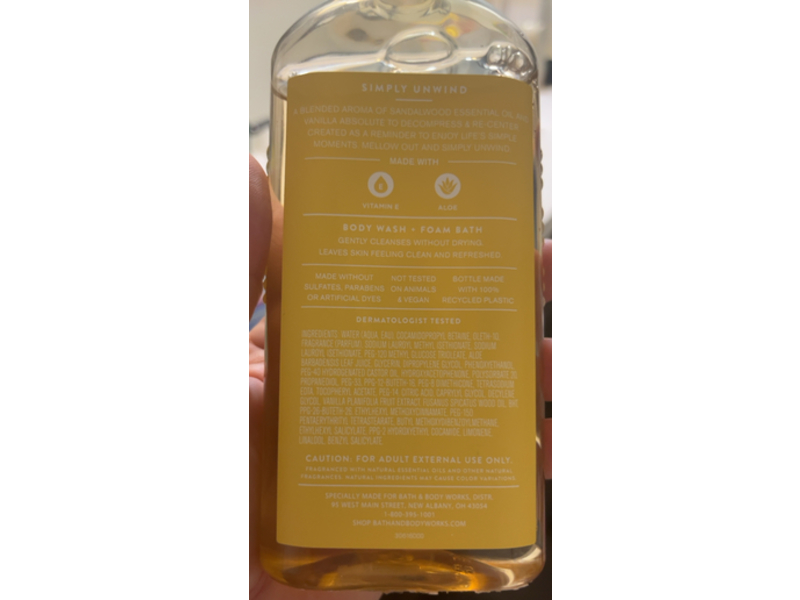 Bath & Body Works Aroma Simply Unwind Body Wash, Sandalwood & Vanilla, 10 fl oz/295 mL