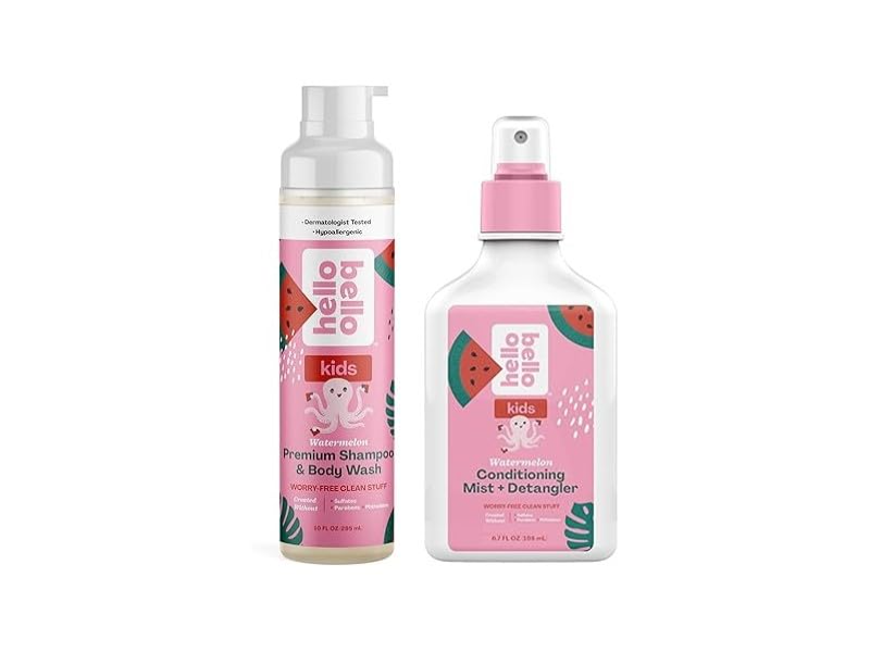Hello Bello Kids Premium Shampoo & Body Wash + Conditioning Mist + Detangler, Watermelon