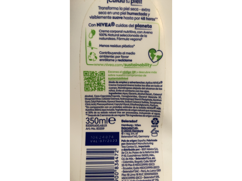 Nivea Naturally Good Crema Corporal, Avena Natural Piel Seca, 350 mL
