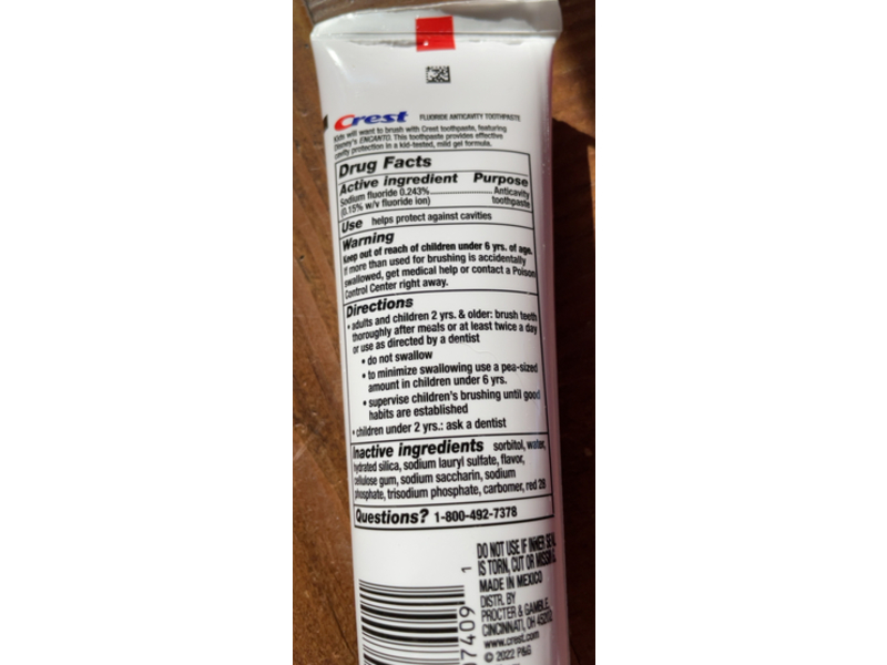 Crest Fluoride Anti Activity Toothpaste, Bubblegum, 4.2 oz/119 g, Ages 3+