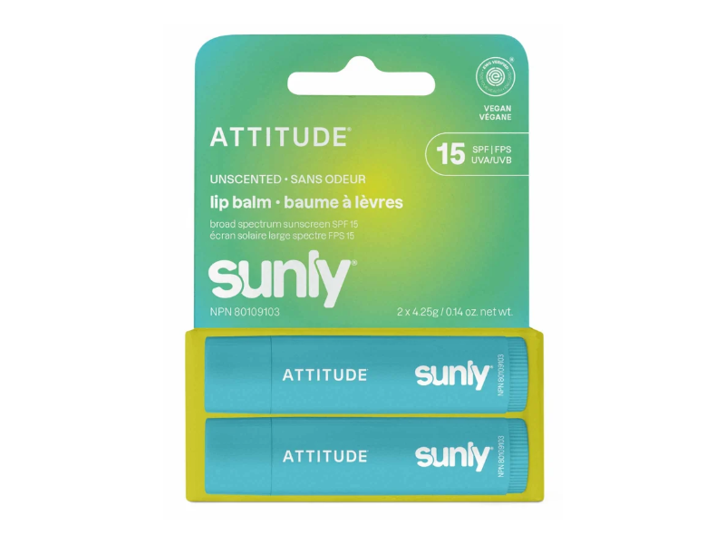 Attitude Sunly Lip Balm, Unscented SPF 15, 0.14 oz/4.25 oz, Pack Of 2