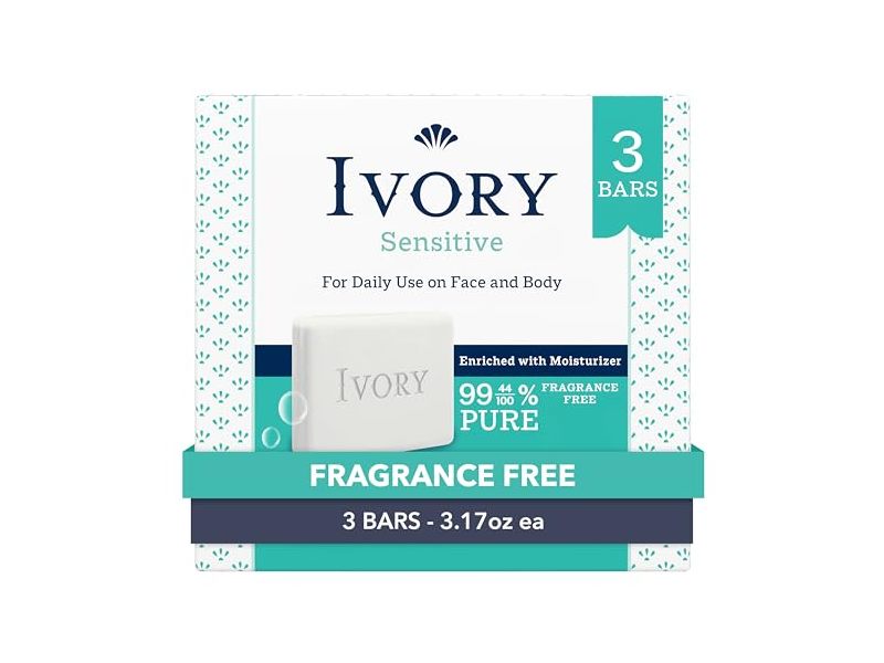 Ivory Sensitive Bar Soap, 3.17 fl oz/90 g, 3 Count