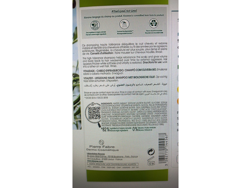 Klorane Vitality Age Weakened Hair Shampoo, Olive, 13.5 fl oz/400 mL