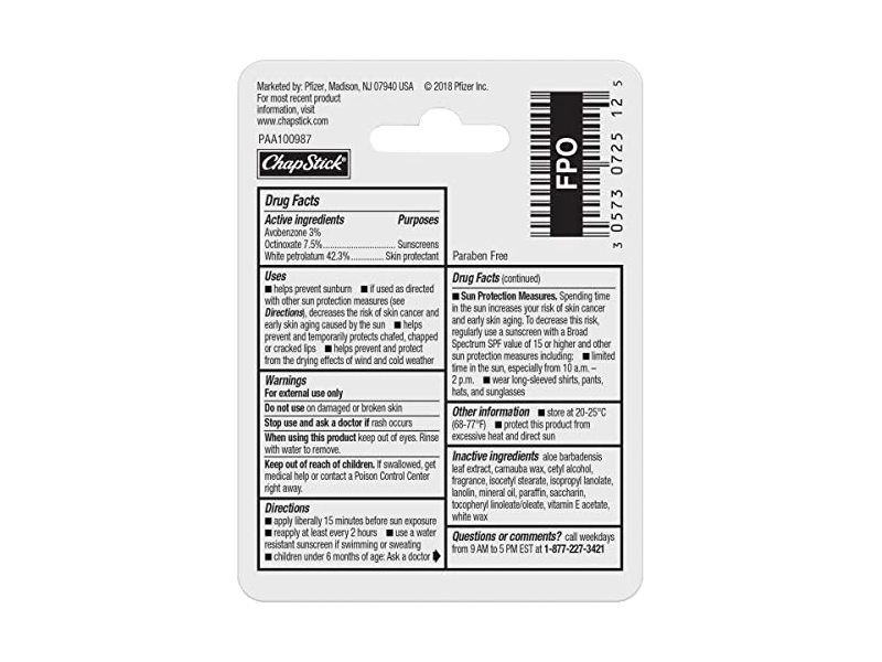 ChapStick Moisturizer Original Lip Balm Tubes, SPF 15 and Skin Protectant - 0.15 Oz (Pack of 12)