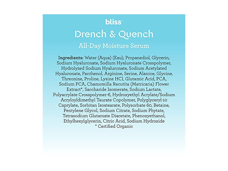 Bliss Drench & Quench Hyaluronic Acid Serum | 4 Hyaluronic Acids + Amino Acids for All Day 1.0 oz