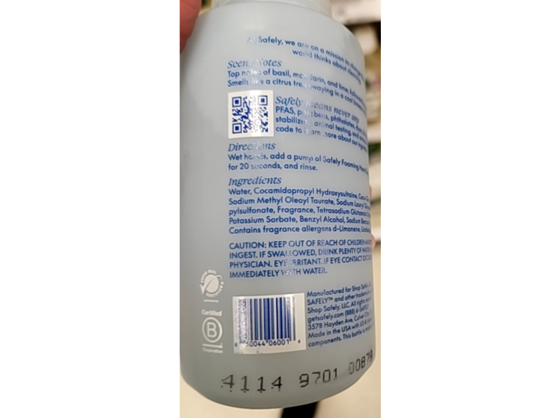 Safely Foaming Hand Soap, Fresh Mandarin & Basil, 10 fl oz/295 mL