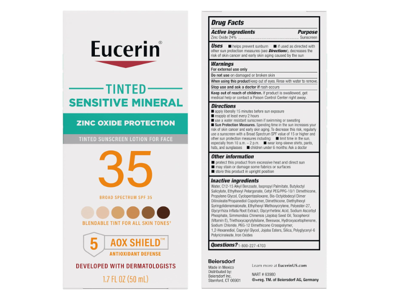 Eucerin Sensitive Mineral Face Sunscreen Lotion, SPF 35, 1.7 fl oz/50 mL