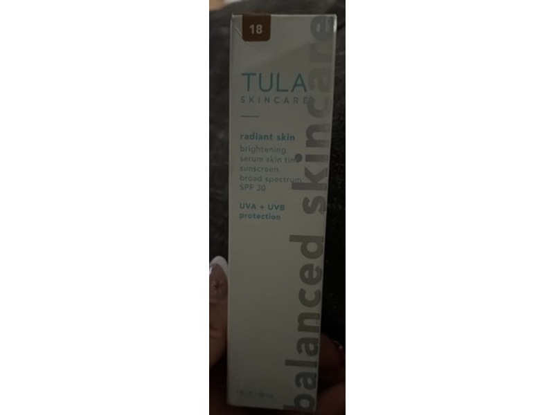 Tula Radiant Skin Brightening Serum Skin Tint Sunscreen, SPF 30, 18 Medium/Tan Olive, 1 fl oz/30 mL