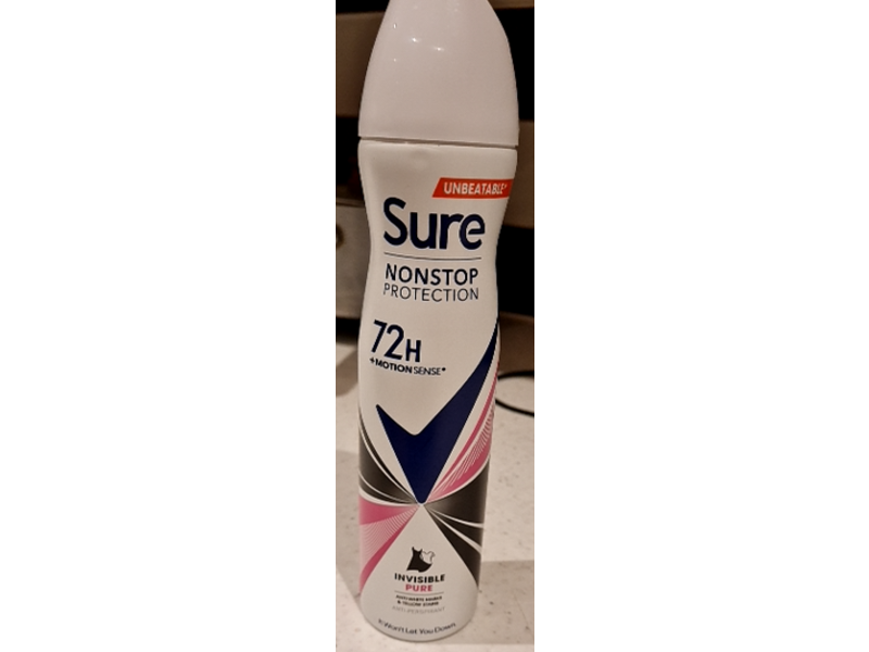 Sure Anti White Marks & Yellow Stains Antiperspirant, Invisible Pure, Unbeatable, 250 mL