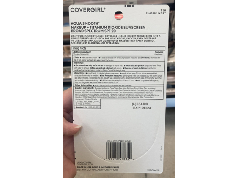 Covergirl Aqua Smooth Makeup + Titanium Dioxide Sunscreen, 710 Classic Ivory, 0.4 oz/12 g